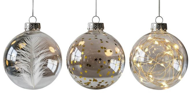 Set of three clear glass christmas ornaments with unique festive fillings