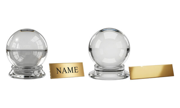 Crystal ball with coin slot and blank nameplate next to clear sphere, text