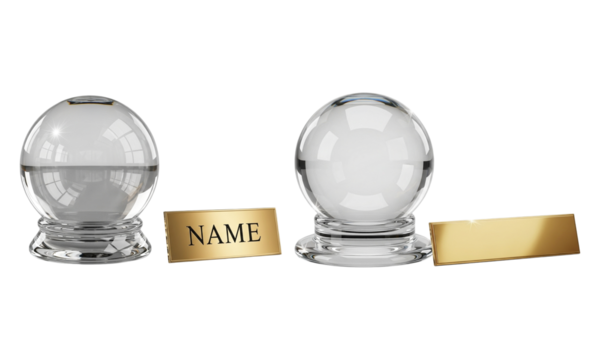 Crystal ball with coin slot and blank nameplate next to clear sphere, text