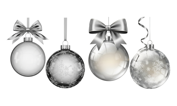 Elegant silver christmas tree ornaments set with ribbons and snowflake patterns
