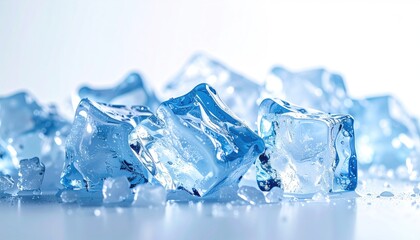 Obraz premium Close up of clear ice cubes with blue tint on a white surface illuminated by soft studio lighting creating a refreshing cool sensation
