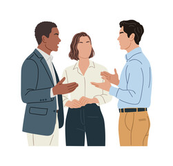 Fototapeta premium Minimalist vector illustration of three professionals in discussion — two men and one woman — in modern flat style with clean lines, solid colors, isolated on transparent background
