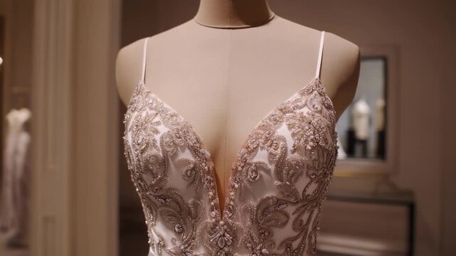 Wedding gown with an intricate beaded lace bodice and a plunging neckline on a dress form.