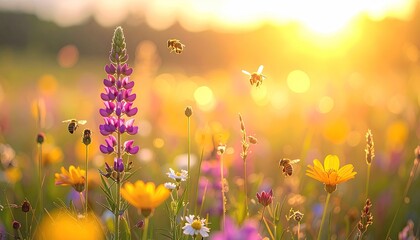Close up of buzzing bees collecting nectar from vibrant wildflowers in a sun drenched meadow during golden hour with soft bokeh background