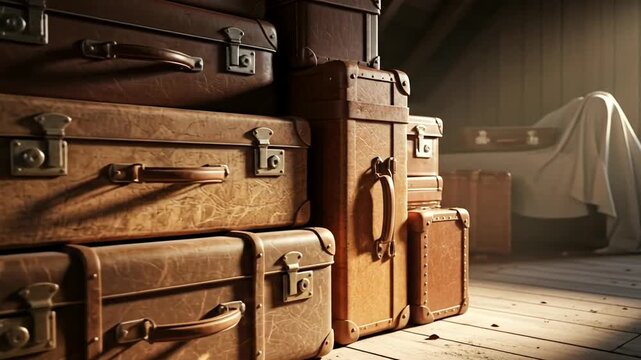 Vintage luggage stacked in a sunlit attic, with a covered object and wooden beams in the background