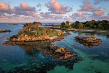 Coastal landscape at sunset.  Emerald water surrounds small islands.  Towering cliffs and trees.  Pale clouds.  Ancient stone structure