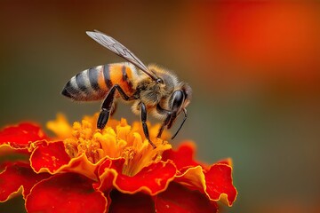 Fototapeta premium Bee on an orange flower, head down, foraging with delicate wings