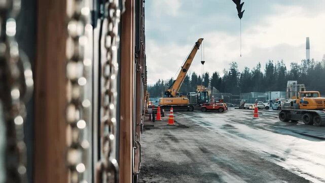 Close-up of heavy metal chains hanging by a doorway, with a blurred construction site and crane in the background.
