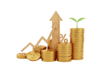 Golden coins growth chart with upward arrow and plant isolated on transparent background