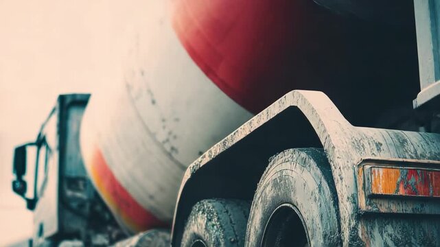 A cement mixer truck viewed from the back, with muddy wheels and the rotating drum.