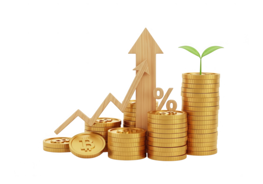 Golden coins growth chart with upward arrow and plant isolated on transparent background