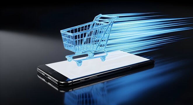 Digital shopping cart with glowing blue light trails moving rapidly across a smartphone screen
