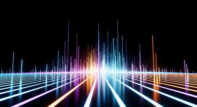 Abstract digital cityscape with glowing neon lights and futuristic grid pattern on black background