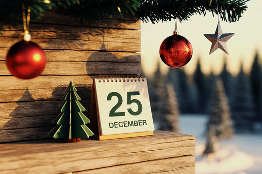 December 25 Calendar Page with Christmas Tree and Ornaments, Wooden Background Festive Winter Scene