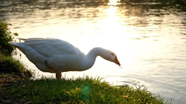 A white domestic goose on a grassy bank leans down to drink from a tranquil lake at sunset.
