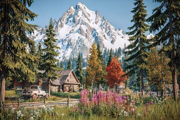 Log cabin beneath snow-capped mountain, wildflowers, trees