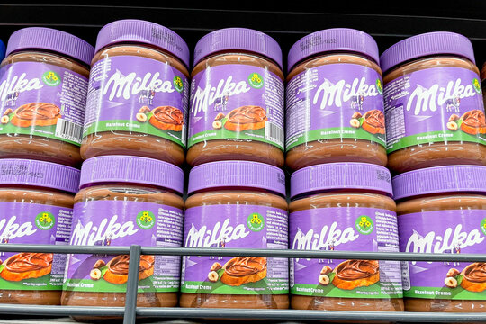 Bar, Montenegro, 17 October 2025, Milka chocolate spread in supermarket shelf