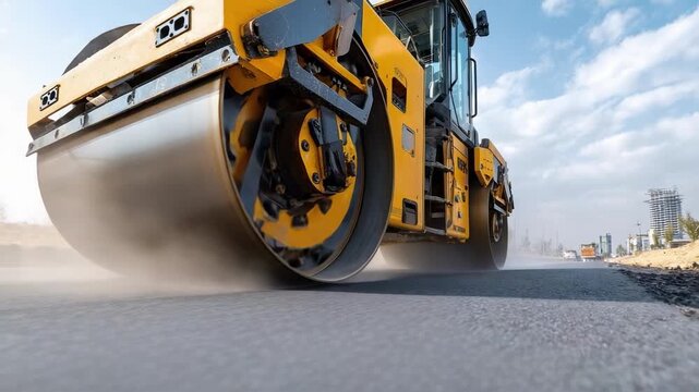 Yellow road roller compacting fresh asphalt on a road under construction.
