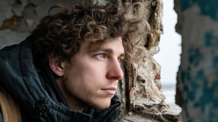Curly-haired young man with blue eyes looking thoughtfully out of a rustic window opening wearing a black jacket in a moody, contemplative atmosphere.