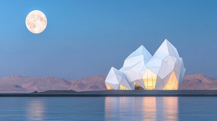 A modern white building with angular shapes and glowing windows sits on a small island in a body of water, with a full moon in the background.