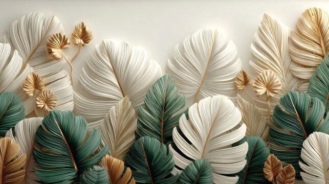 Abstract tropical leaves wallpaper design with gold veins