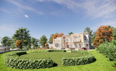 3d architectural rendering illustration of a modern house with a living room and staircase connected to a garden with beautiful flowers and trees with large windows