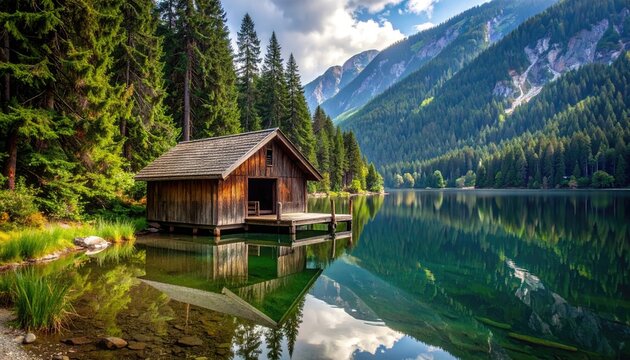 Rustic Wooden Cabin on a Serene Lake Surrounded by Lush Green Forest and Majestic Mountains Under a Bright Blue Sky