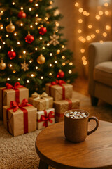 Cozy Christmas Scene with Hot Chocolate and Gifts under the Tree