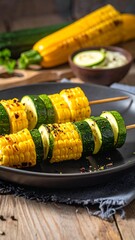 Close-up of grilled corn and zucchini skewers on a dark plate, with a bowl of sauce and vegetables on a wooden surface