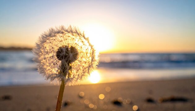 Close up of a fluffy dandelion seed head backlit by a golden sunset over a serene ocean beach with gentle waves and sandy shore in the foreground
