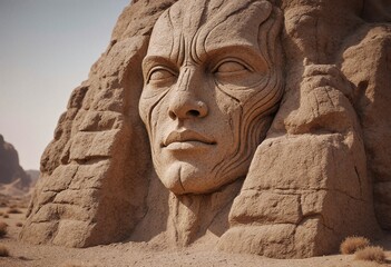 Fototapeta premium A large humanoid face with detailed and complex features etched into highly textured stone, in a desert fantasy landscape