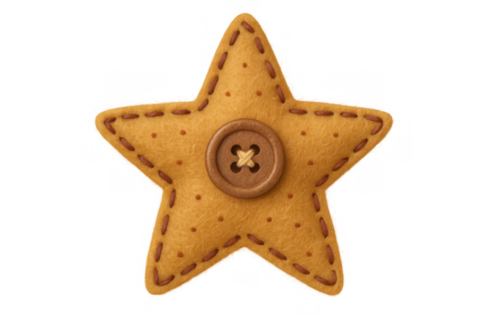 Handcrafting festive decoration with felt star christmas ornament featuring brown button detail, isolated on transparent background