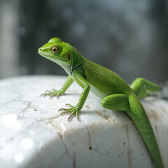 Fototapeta premium A green lizard resting on a white surface, showcasing its vivid color, textured scales.