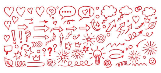 Hand drawn marker line and arrow elements set. Sketch brush strokes, underline scribbles, hearts, crowns, and stars. Vector doodle highlight symbols and design icons.