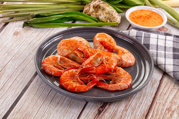 Delicous boiled tiger prawn with sauce
