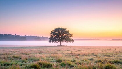 Misty Meadow Sunrise With Solitary Oak Tree And Pink Orange Sky Over Grass Field In The Countryside