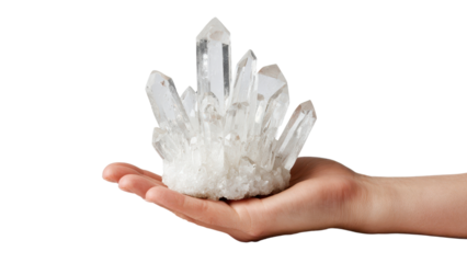 Hand Holding Quartz Crystal Cluster: Healing Energy, Spiritual Growth.