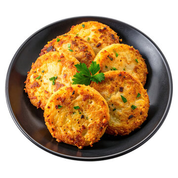 Homemade llapingachos on a dark plate, isolated on a bright white background ecuadorian potato and cheese cakes