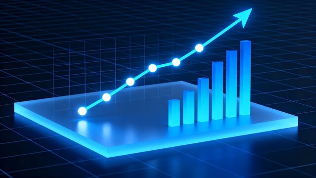 Glowing blue business graph showing upward trend with rising bar charts and a line graph on a grid background representing growth and success in financial markets and investments