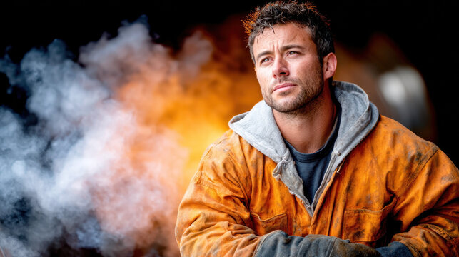 Welder in orange jacket crouching in tunnel with welding torch and protective gloves. Industrial scene showing precision and metalwork craft..