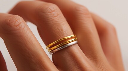Photography of mixed metal jewelry, stacked rings combining 14k yellow gold and sterling silver bands on elegant female hand, minimalist design, studio lighting with soft shadows