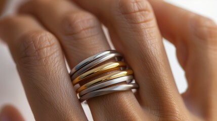 Photography of mixed metal jewelry, stacked rings combining 14k yellow gold and sterling silver bands on elegant female hand, minimalist design, studio lighting with soft shadows