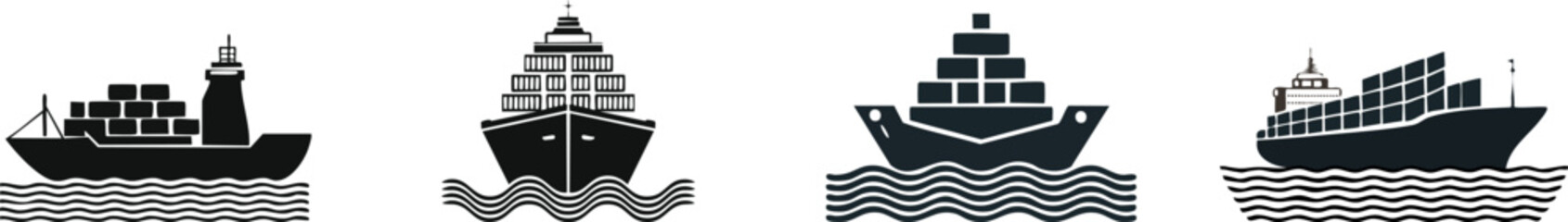 Obraz premium Maritime Vessels Silhouette. Four stylized ships depicted in black silhouette, floating on wavy water, showcasing different designs and sizes.