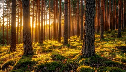 Obraz premium Golden Sunlight Streams Through Tall Pine Trees Illuminating Mossy Forest Floor in a Serene Natural Landscape