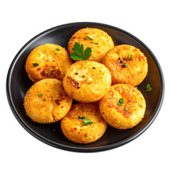 Homemade mini arepitas fritas on a dark plate, beautifully isolated on a bright white background corn cake appetizers