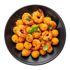 Traditional mini camarones al ajillo in garlic sauce isolated on a pure white surface, a classic spanish tapas