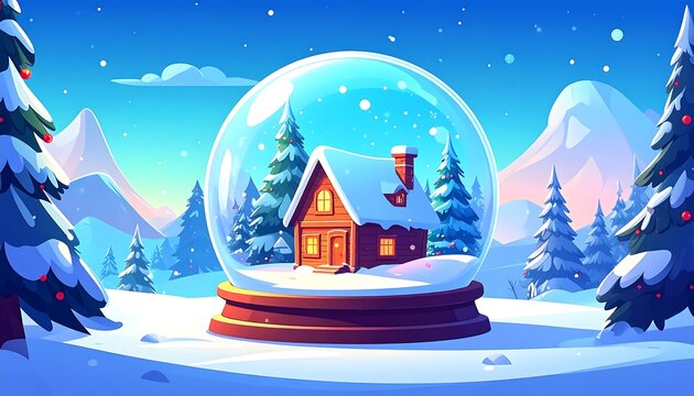 A whimsical winter scene depicts a snow globe with a cozy cabin nestled among snow-covered evergreens in a mountainous backdrop