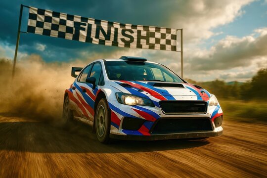 A blue and red race car is driving on a dirt track