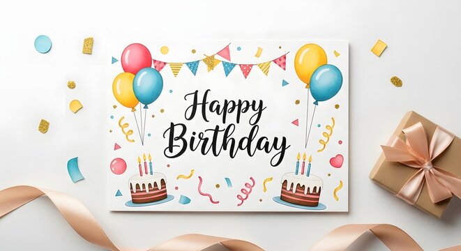 A happy birthday card with balloons cakes confetti and a gift on a white surface celebration theme