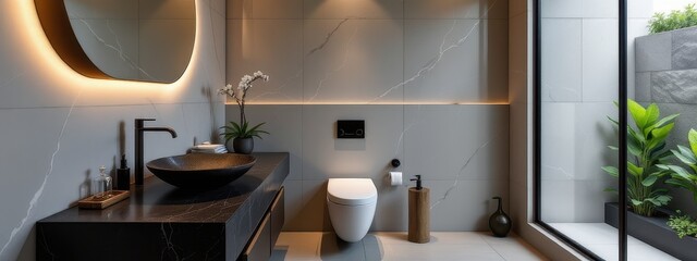 The contemporary bathroom features a black stone sink and sleek bidet under ambient lighting that highlights every refined finish as part of a wellness solution